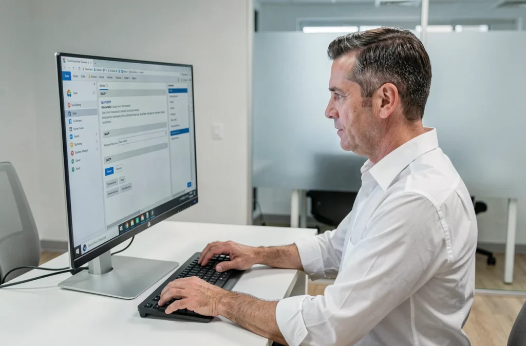 Homme paramétrant les serveurs IMAP et SMTP de Webmel Créteil dans un logiciel de messagerie en entreprise
