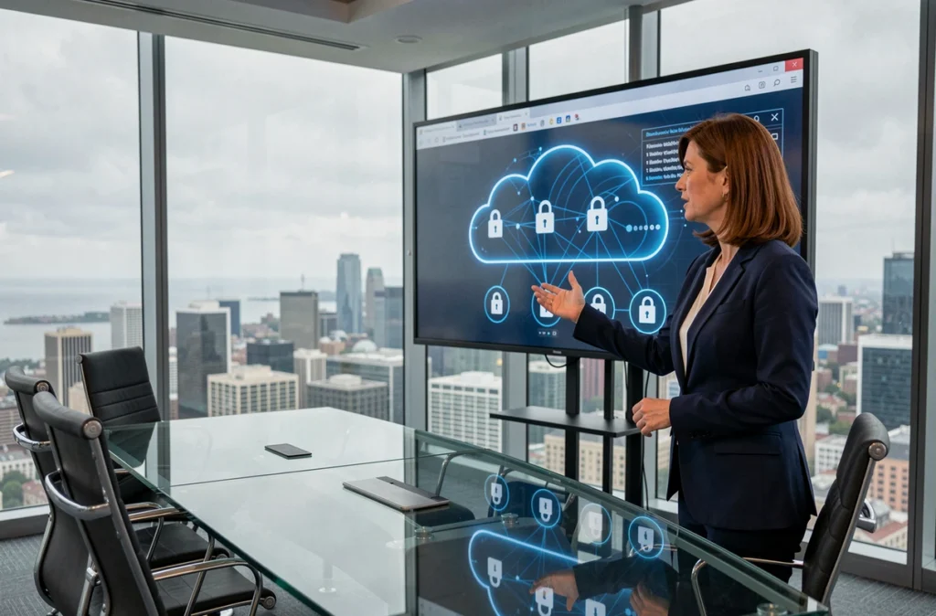 Femme présentant une architecture cloud sécurisée avec chiffrement dans une salle de conférence d'entreprise