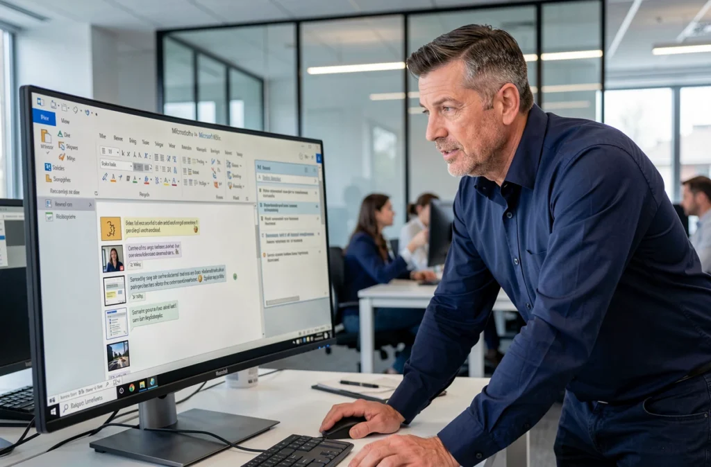 Professionnel consultant des commentaires de révision dans un document Word sur un grand écran en bureau open space