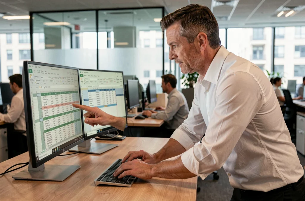 Professionnel naviguant dans une feuille Excel avec des raccourcis clavier dans un bureau en open space