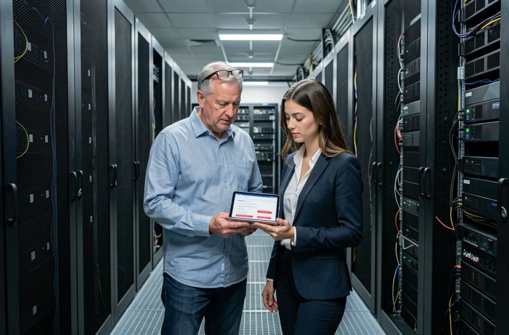 Deux professionnels informatiques consultant un rapport de faille de sécurité dans une salle de serveurs d'entreprise