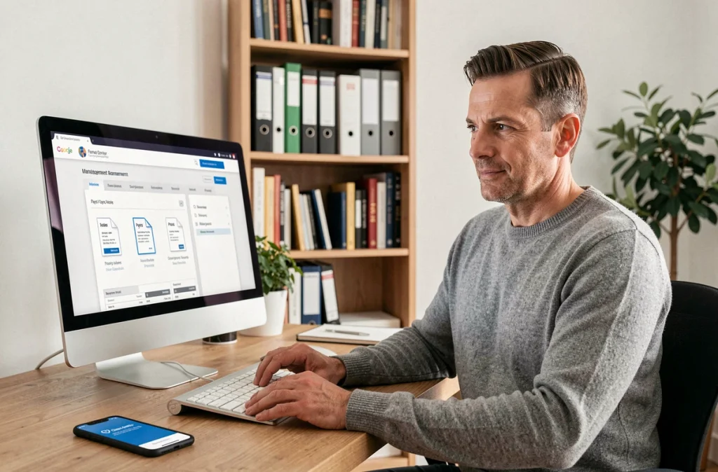 Homme sécurisant ses bulletins de paie numériques avec double authentification sur son bureau à domicile