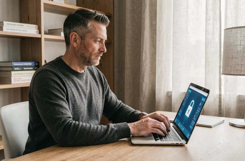 Homme travaillant sur la protection des données personnelles depuis son bureau à domicile avec interface de sécurité numérique