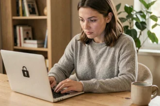 Femme protégeant un fichier PDF sur son ordinateur portable dans un bureau à domicile