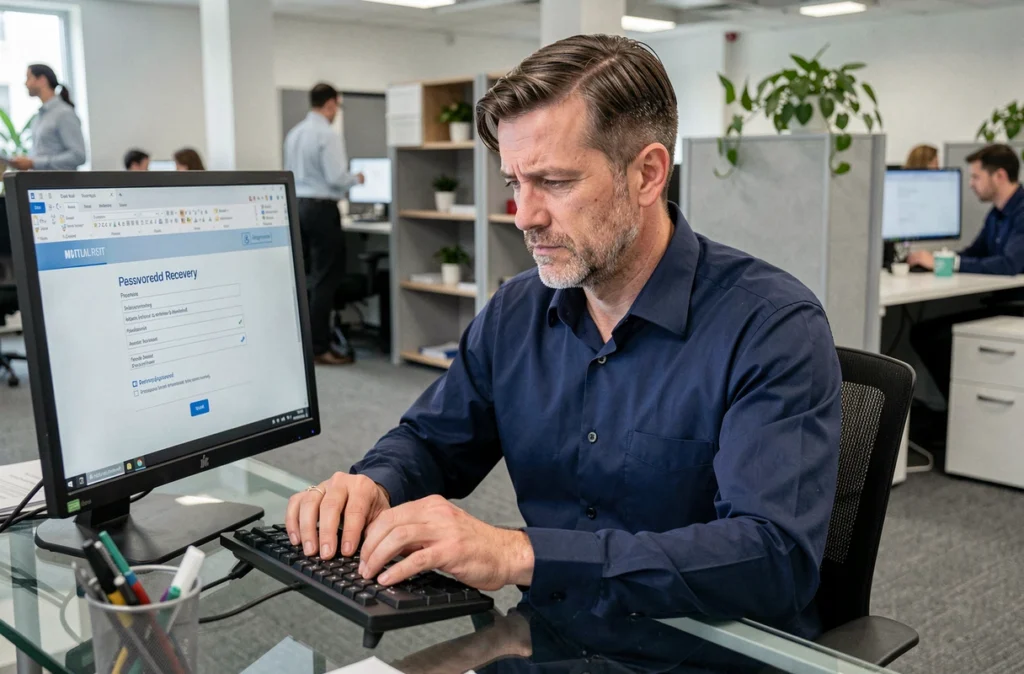 Homme en bureau professionnel en train de récupérer l'accès à son compte mail fr via un formulaire en ligne
