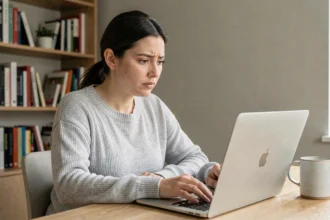 Femme consultant son ordinateur portable pour récupérer un mot de passe oublié sur sa messagerie fr