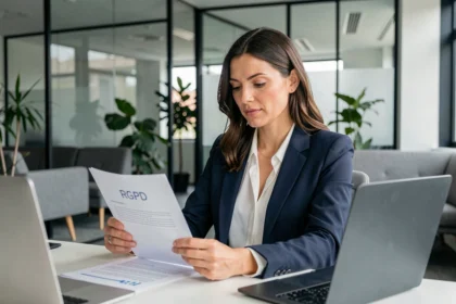 Femme cadre en blazer marine examinant un document RGPD dans un bureau moderne européen