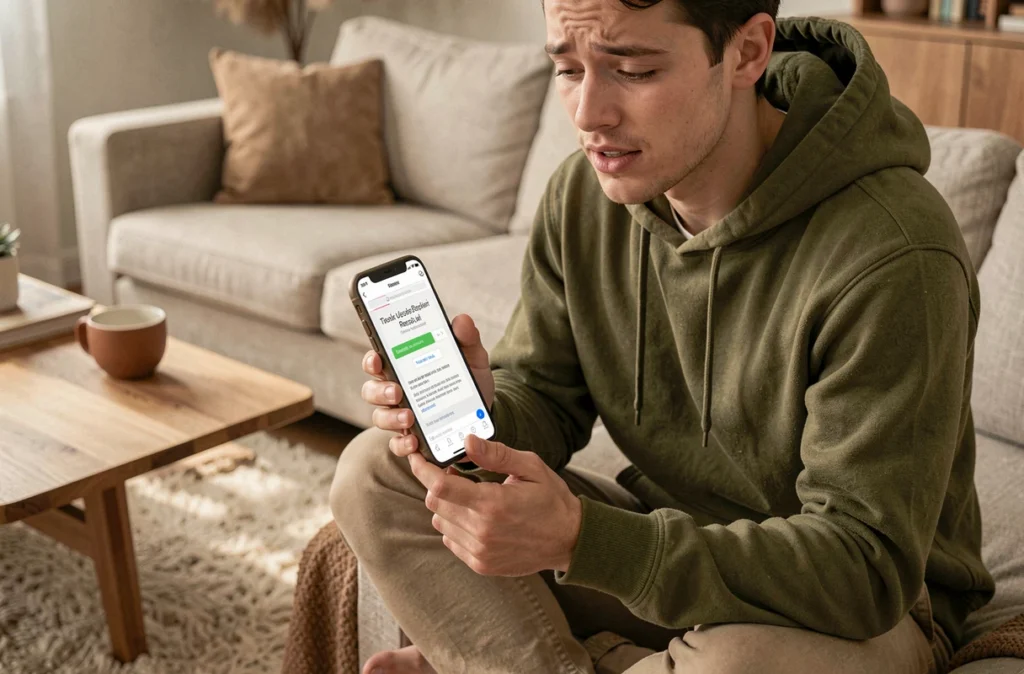 Jeune personne sur un canapé recevant un email de réinitialisation de mot de passe sur son smartphone