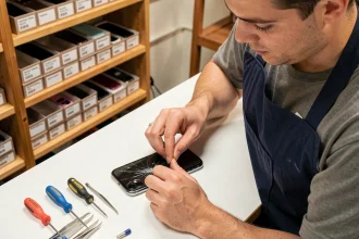 Technicien en train de remplacer l'écran d'un iPhone 11 dans un atelier de réparation professionnel