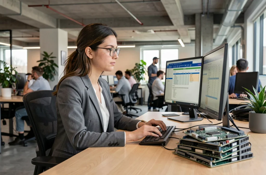 Responsable des approvisionnements informatiques analysant des données de rupture de stock sur des écrans d'ordinateur avec des cartes mères incomplètes empilées sur le bureau