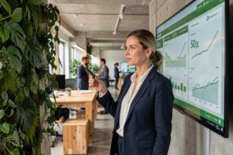 Responsable informatique française analysant des tableaux de bord Green IT dans un bureau éco-responsable avec mur végétal