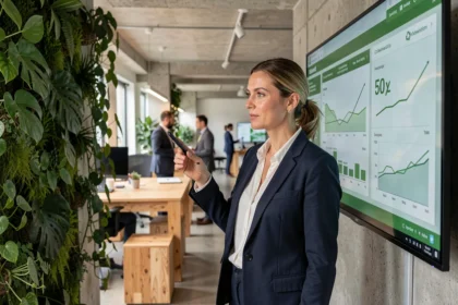 Responsable informatique française analysant des tableaux de bord Green IT dans un bureau éco-responsable avec mur végétal
