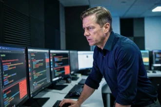 Responsable informatique inquiet analysant des alertes de sécurité sur des écrans dans un centre opérationnel de cybersécurité