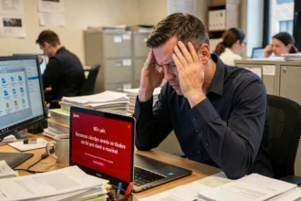 Responsable informatique stressé face à une attaque ransomware sur l'ordinateur d'une PME française