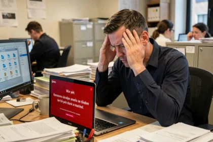 Responsable informatique stressé face à une attaque ransomware sur l'ordinateur d'une PME française
