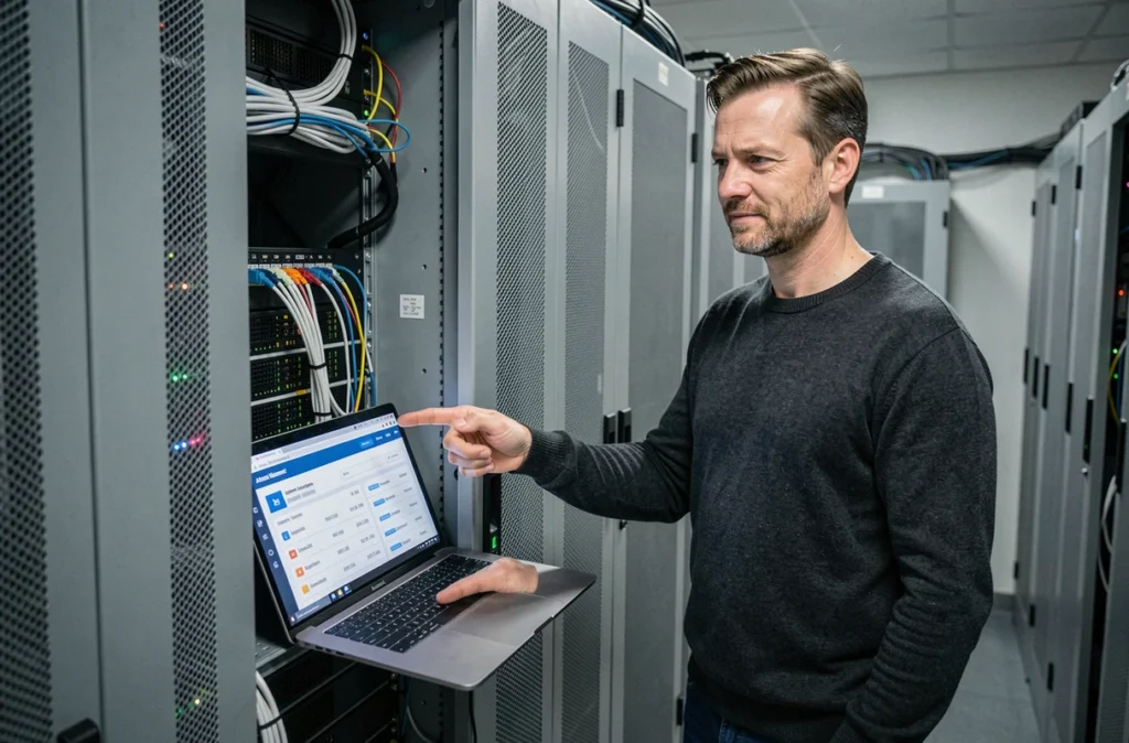 Responsable informatique PME gérant les licences logicielles devant une baie de serveurs