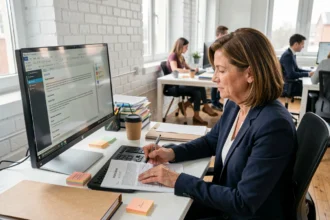 Responsable PME française analysant un contrat de licence logicielle à son bureau en open space
