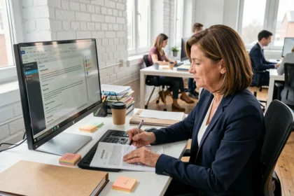 Responsable PME française analysant un contrat de licence logicielle à son bureau en open space