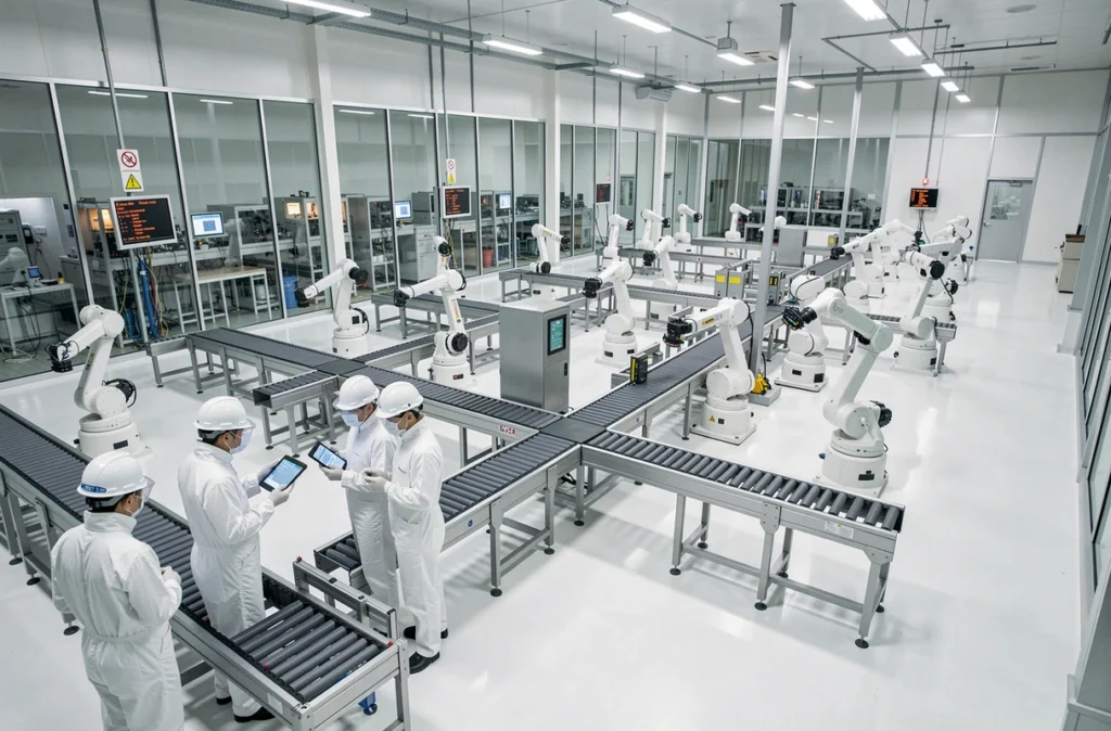 Salle de production de semi-conducteurs à l'arrêt avec des techniciens en combinaison blanche inspectant des machines inactives pendant la crise mondiale des composants