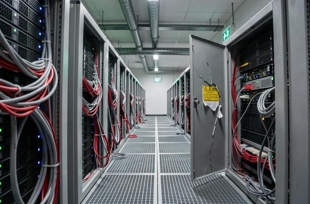 Salle des serveurs d'une collectivité territoriale française avec équipements réseau et câblage révélant une infrastructure vulnérable