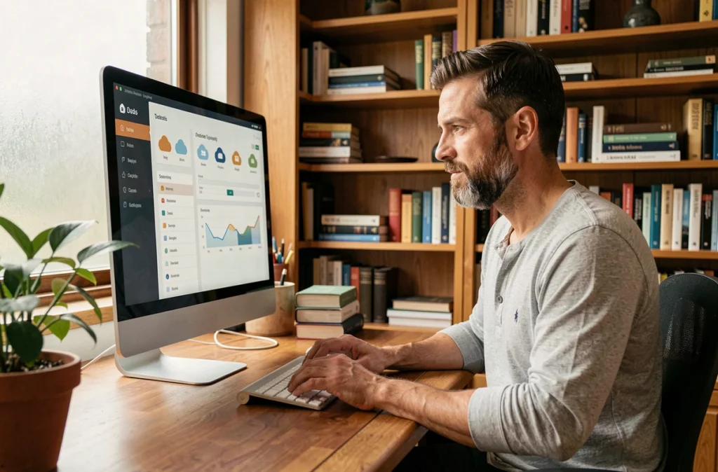 Homme travaillant depuis son bureau à domicile en consultant un tableau de bord de sauvegarde cloud sur un grand écran