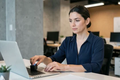Femme professionnelle branchant un disque dur externe sur un ordinateur portable dans un bureau moderne pour sauvegarder ses données