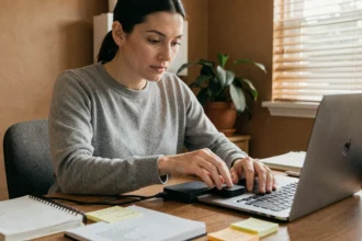 Femme connectant un disque dur externe à son ordinateur portable pour effectuer une sauvegarde hors ligne à domicile