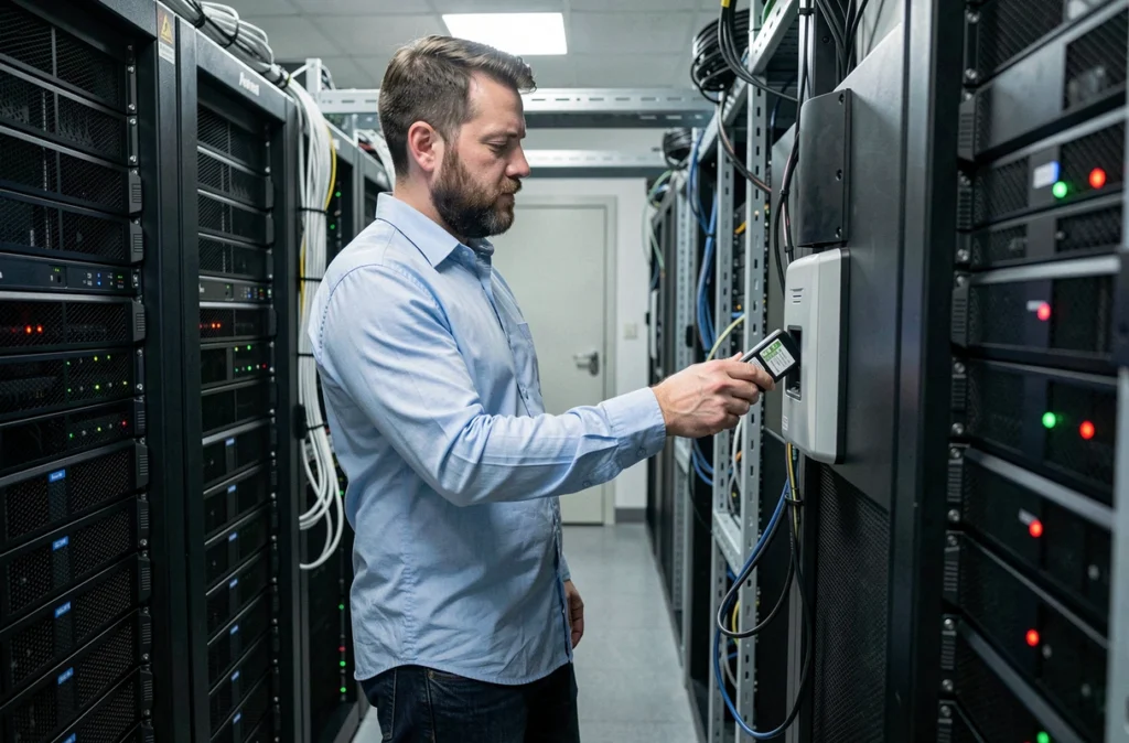 Technicien informatique insérant un support de sauvegarde hors ligne dans une salle serveur professionnelle