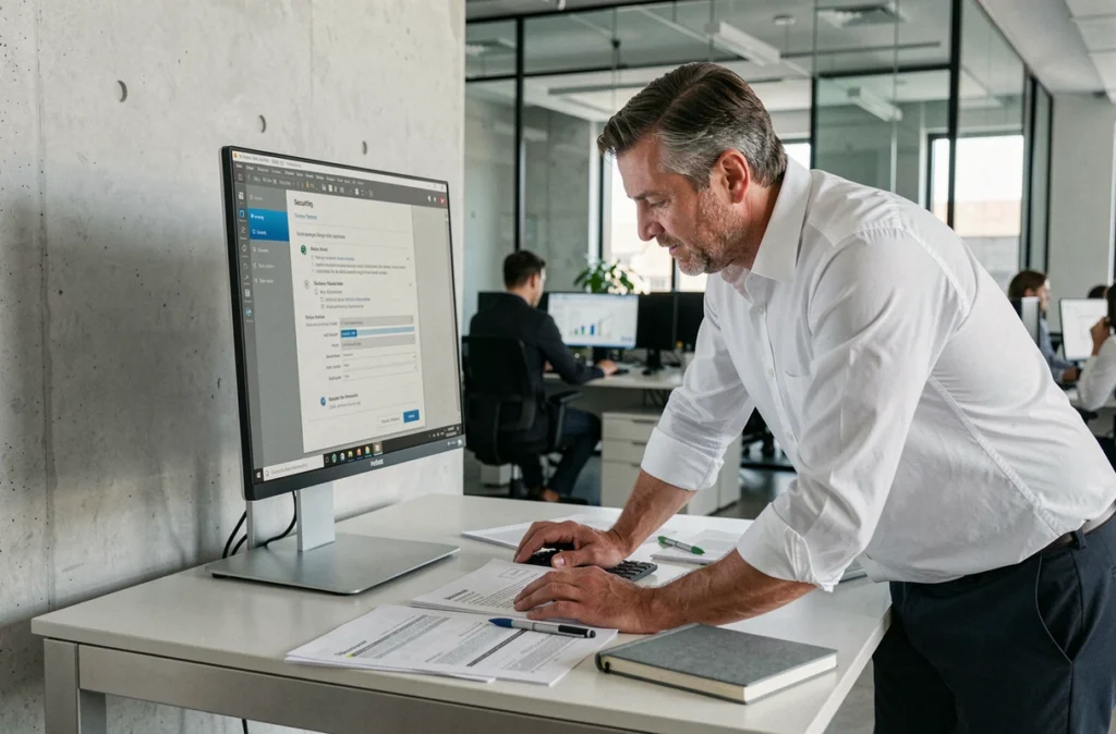 Homme configurant la protection par mot de passe d'un PDF sur un grand écran en open space
