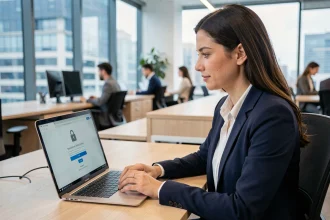 Femme professionnelle sécurisant son compte myPrimobox sur un ordinateur portable au bureau