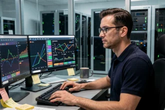 Ingénieur informatique supervisant des tableaux de bord de monitoring réseau sur plusieurs écrans dans une salle d'opérations