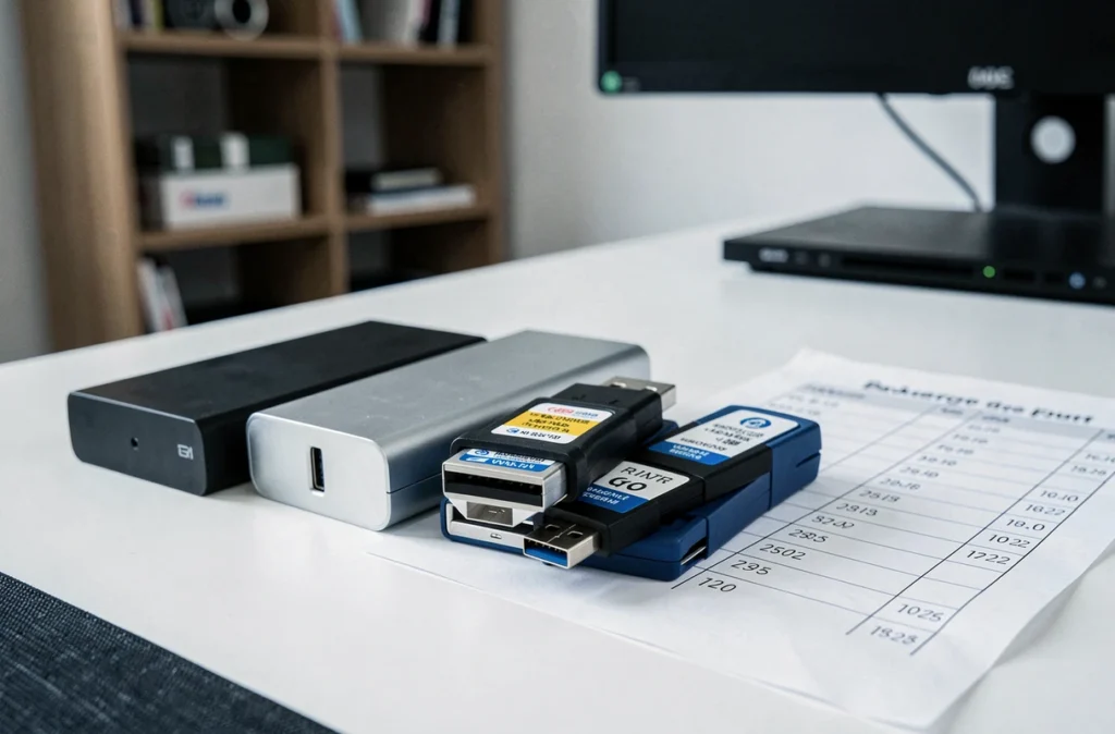Collection de disques durs externes et clés USB organisés sur un bureau pour des sauvegardes de données hors ligne