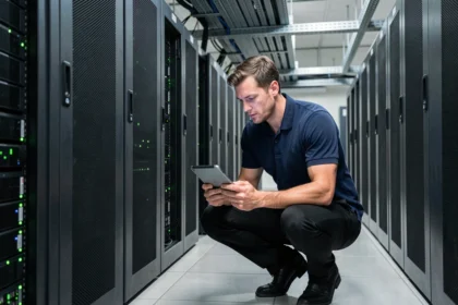 Technicien informatique analysant la consommation énergétique d'une salle de serveurs dans un datacenter moderne