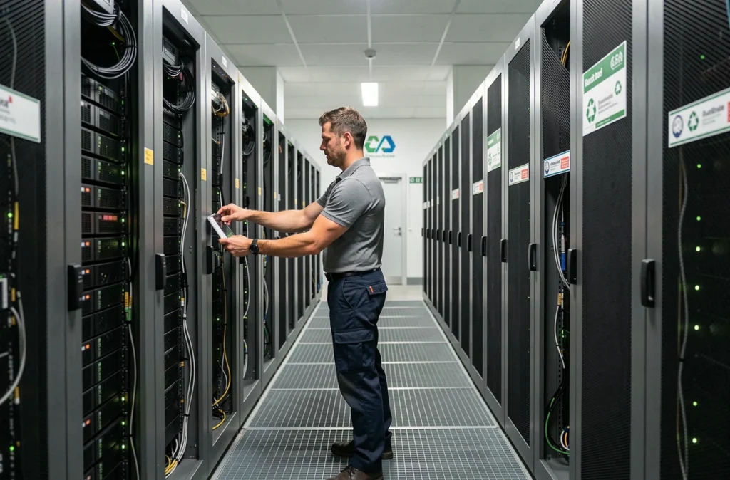 Technicien IT gérant des serveurs éco-énergétiques dans un datacenter certifié Green IT en France