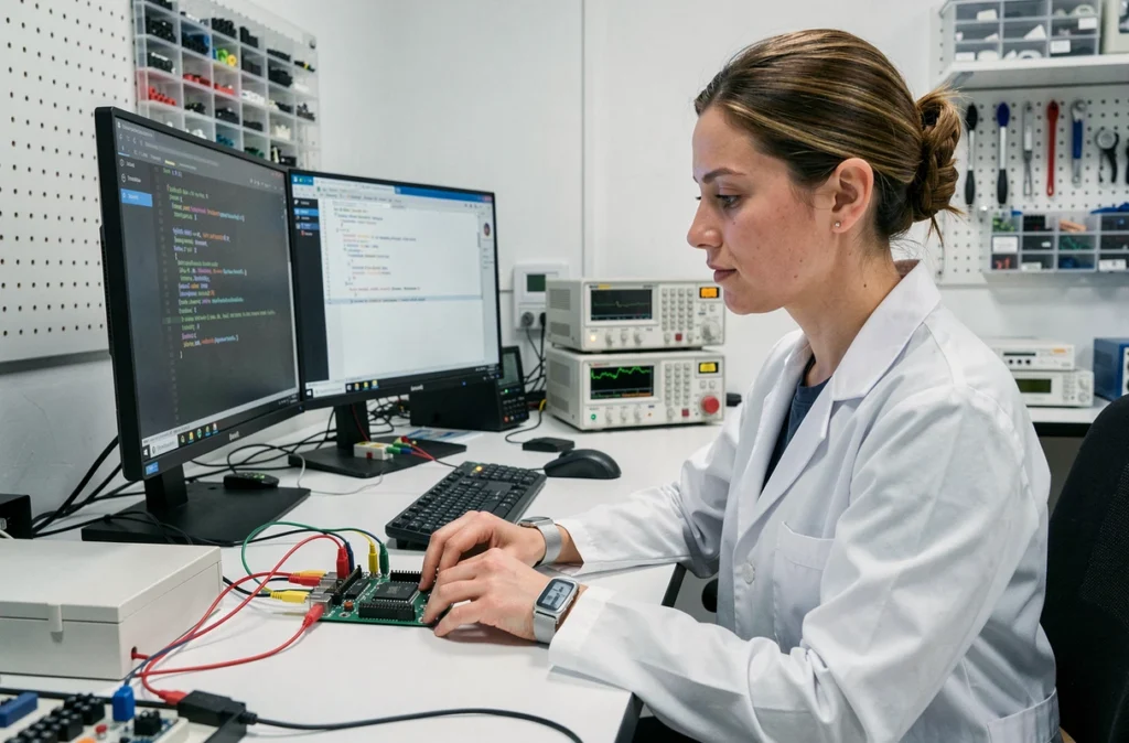 Technicienne programmant un microcontrôleur embarqué dans un laboratoire de recherche et développement électronique