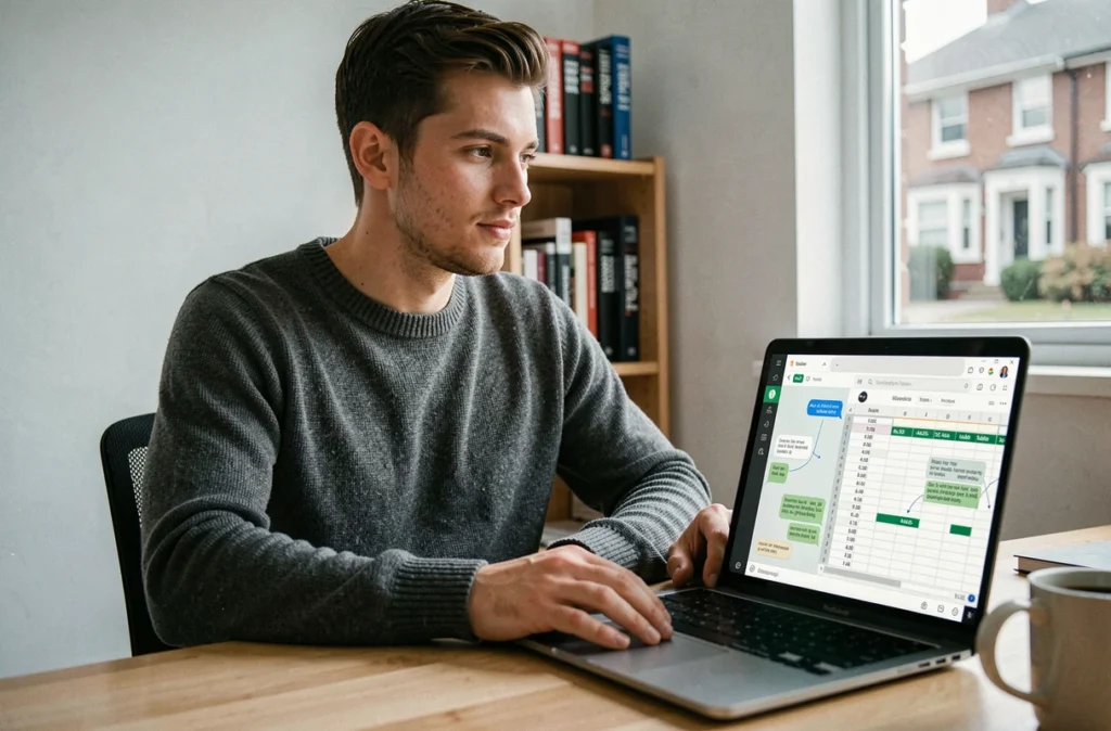 Jeune professionnel en télétravail observant l'automatisation de tâches bureautiques grâce à un assistant IA sur son ordinateur portable