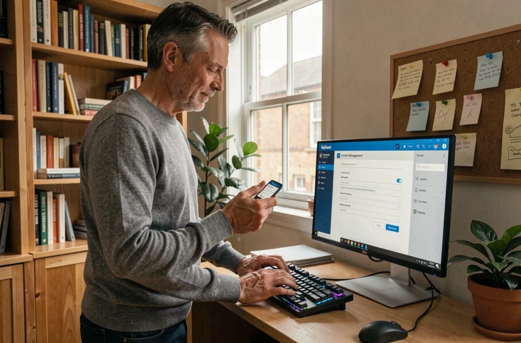 Homme en télétravail utilisant un token physique pour l'authentification TBS sur ordinateur de bureau