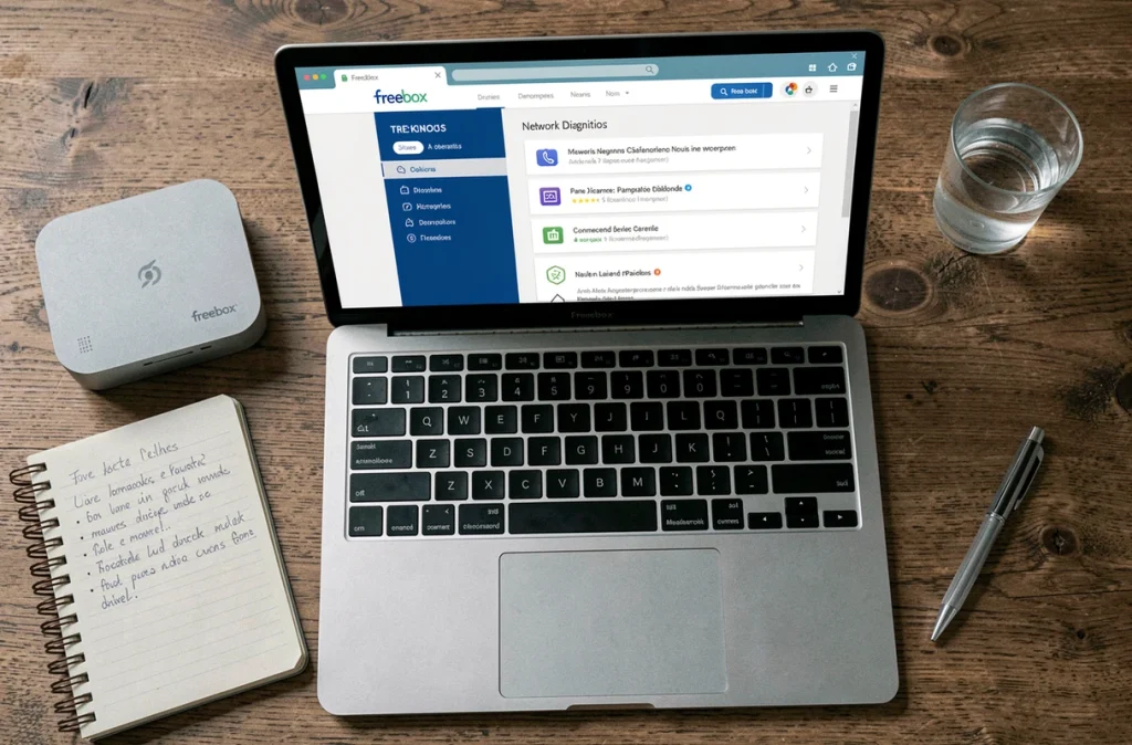 Vue aérienne d'un bureau avec un laptop affichant l'interface Freebox OS 2026 et un routeur Freebox posé à côté avec des notes manuscrites
