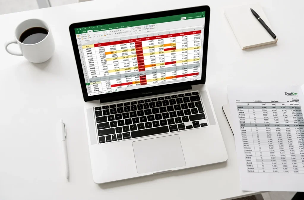 Vue aérienne d'un laptop affichant un tableau Excel avec des doublons surlignés en rouge et jaune sur bureau blanc minimaliste