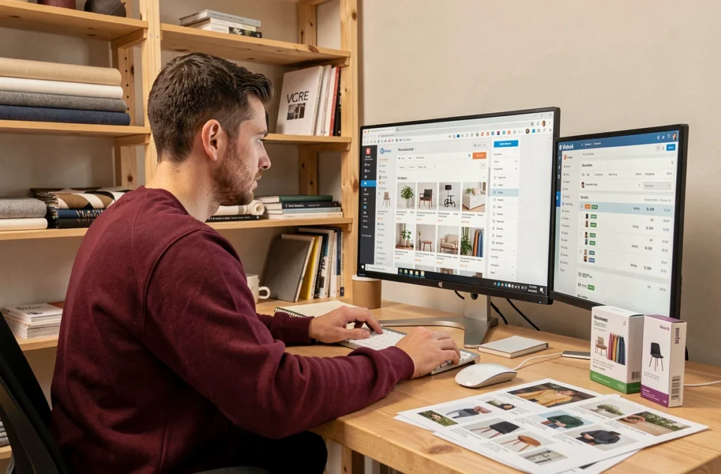 Développeur gérant un site WordPress e-commerce avec WooCommerce dans un studio créatif