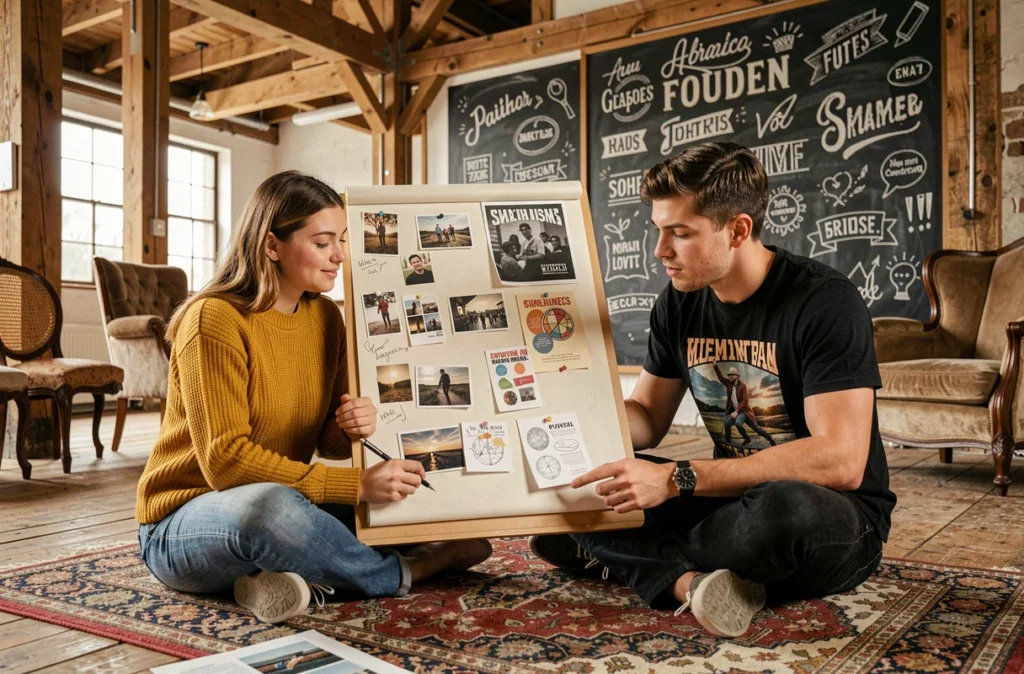 Duo de designers créatifs de 56K Studio brainstormant sur des maquettes rétro dans un studio loft aux poutres apparentes avec un tableau noir typographique