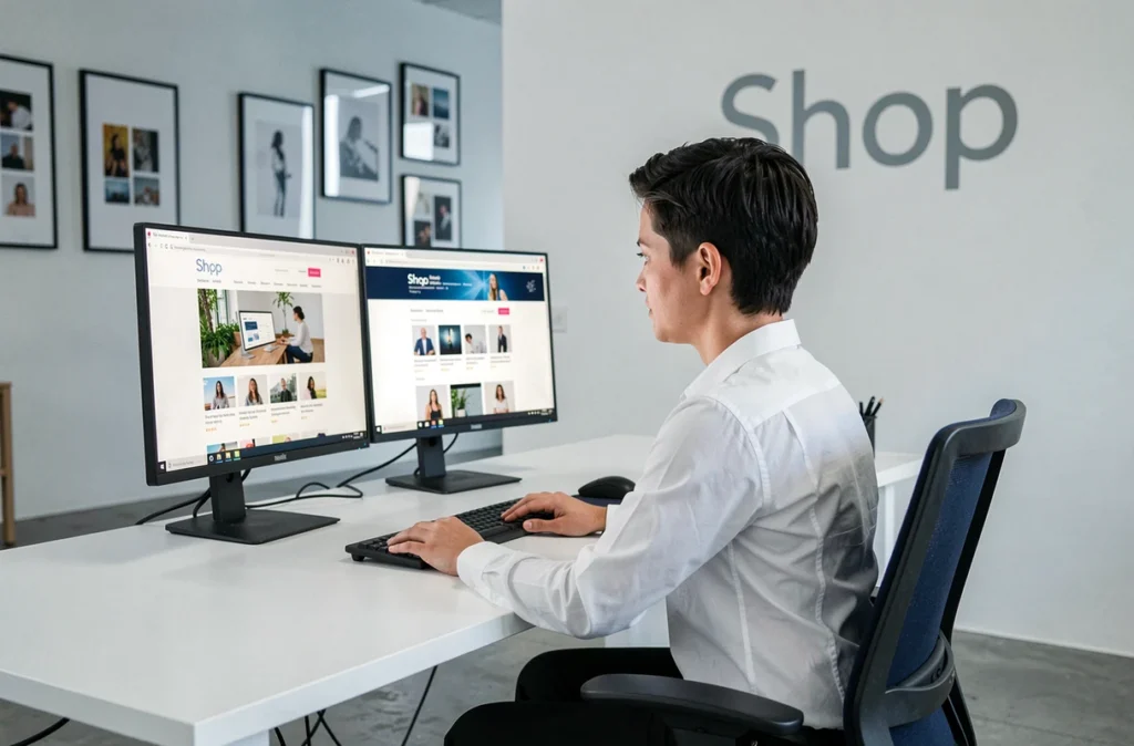 Designer de l'agence Shop travaillant sur une interface e-commerce dans un bureau minimaliste épuré