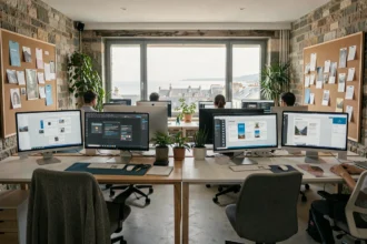 Studio de webdesign breton moderne avec designers au travail sur des maquettes numériques