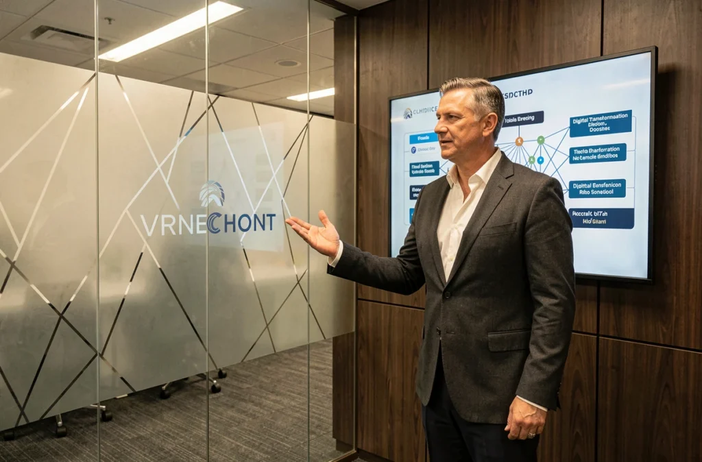 Stratège numérique d'ATI4 Group présentant une feuille de route de transformation digitale dans un bureau corporate moderne aux accents en bois sombre