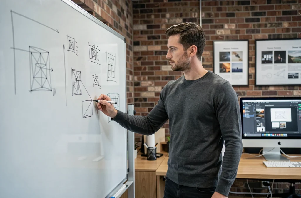 Designer UX de Beeview travaillant sur des maquettes de webdesign sur mesure dans un studio moderne