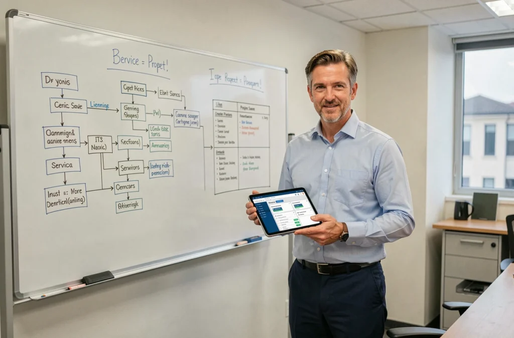 Consultant informatique masculin présentant un diagramme de services et des délais de projet pour Careca Services