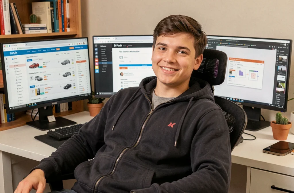 Jeune développeur masculin détendu entouré de moniteurs affichant un backend e-commerce et un prototype Figma pour Caronzilla