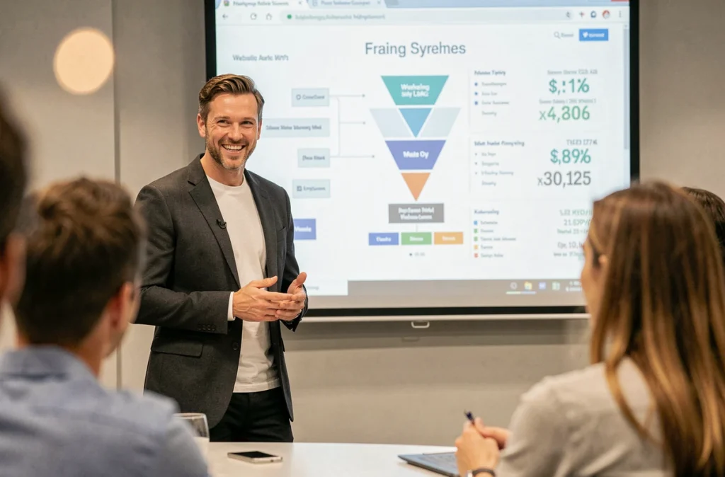 Coach masculin dynamique présentant une stratégie de marketing digital et des KPIs web à un groupe lors d'une session de Coach R