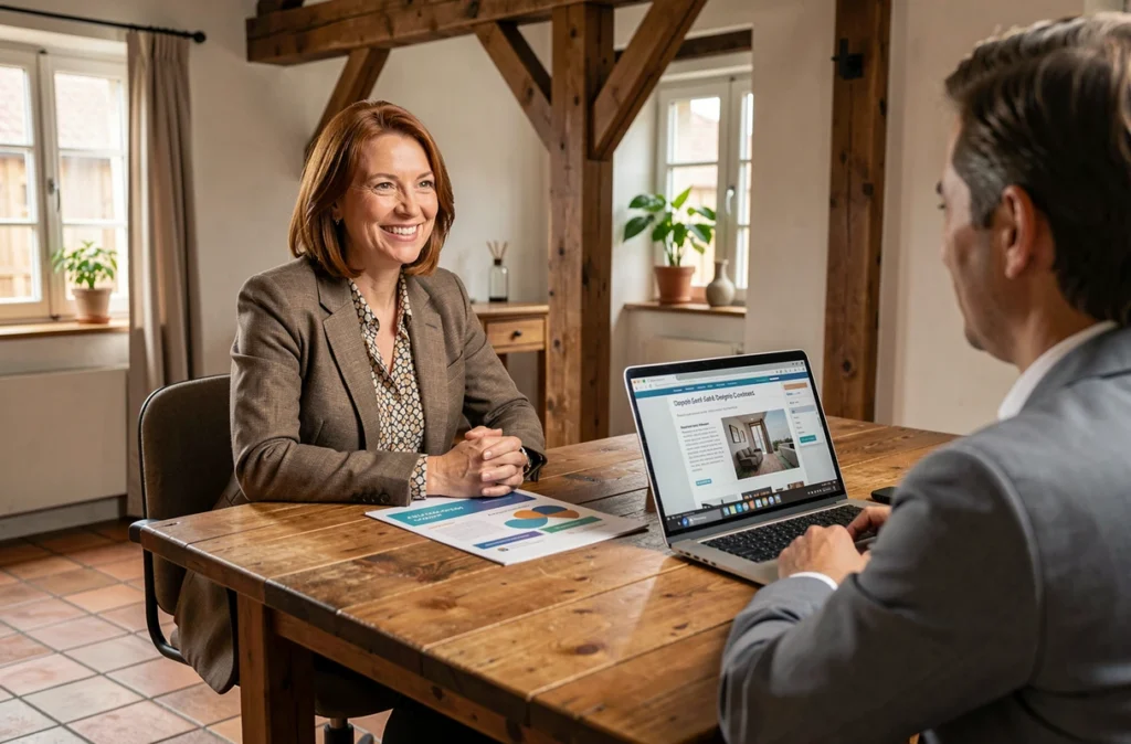 Consultante de Comm'pagnie présentant une proposition de refonte de site web à un client dans un bureau au style alsacien chaleureux
