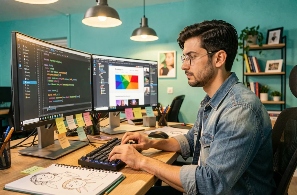 Développeur web de Digidream Communication concentré sur plusieurs écrans affichant du code et un prototype coloré dans un studio créatif dynamique